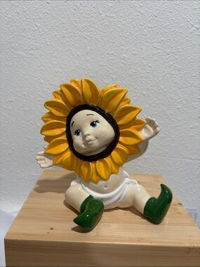 Sunflower Baby Figurine - Yellow & Green Ceramic Decor
